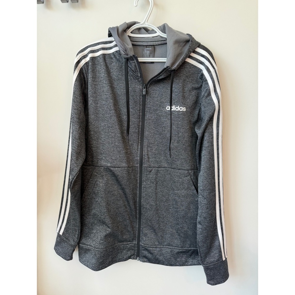 Adidas Mens Full Zip Hoodie Gray Heathered 3 Stripe Fleece Jacket Medium 1916